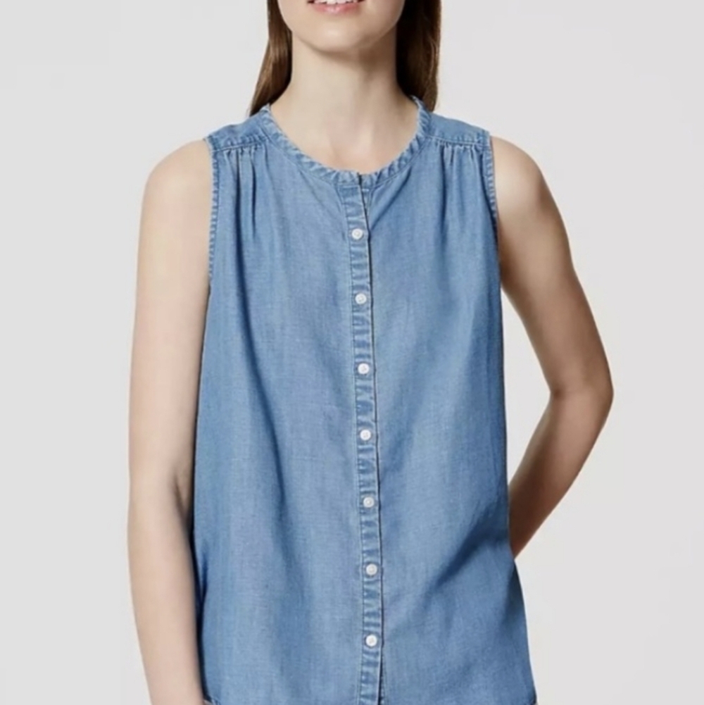 LOFT Blue Chambray Round Neck Sleeveless Button Down Swing Top